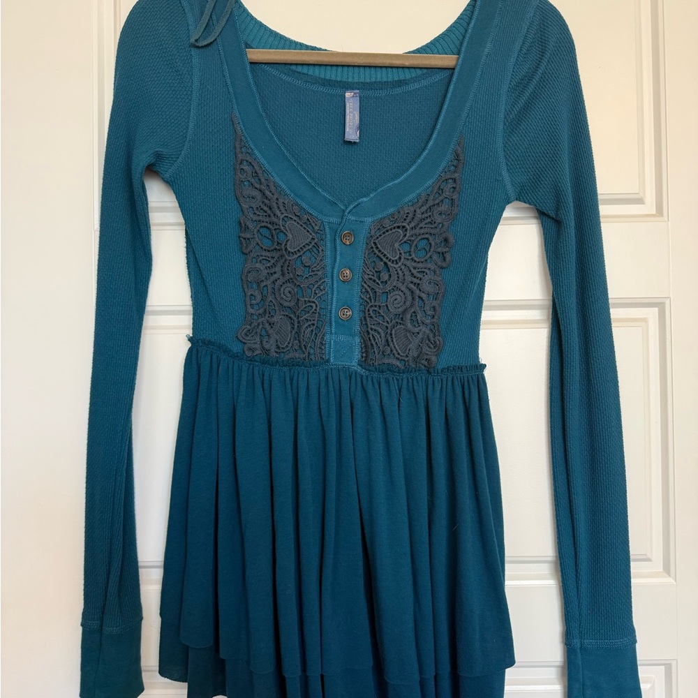 Free People Teal Long Sleeve Top with Lace Detail